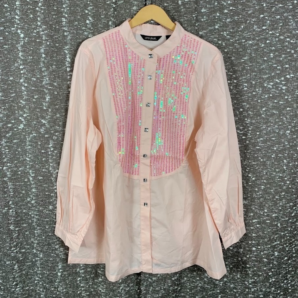 Chit Chat Pink Sequin Button Up Shirt Long Sleeve Glam NWT Women's 2X